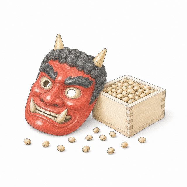 節分の鬼の面と豆（線画）