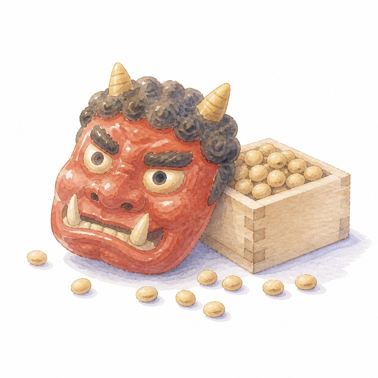 節分の鬼の面と豆(水彩)。赤鬼の面と、枡いっぱいの福豆。