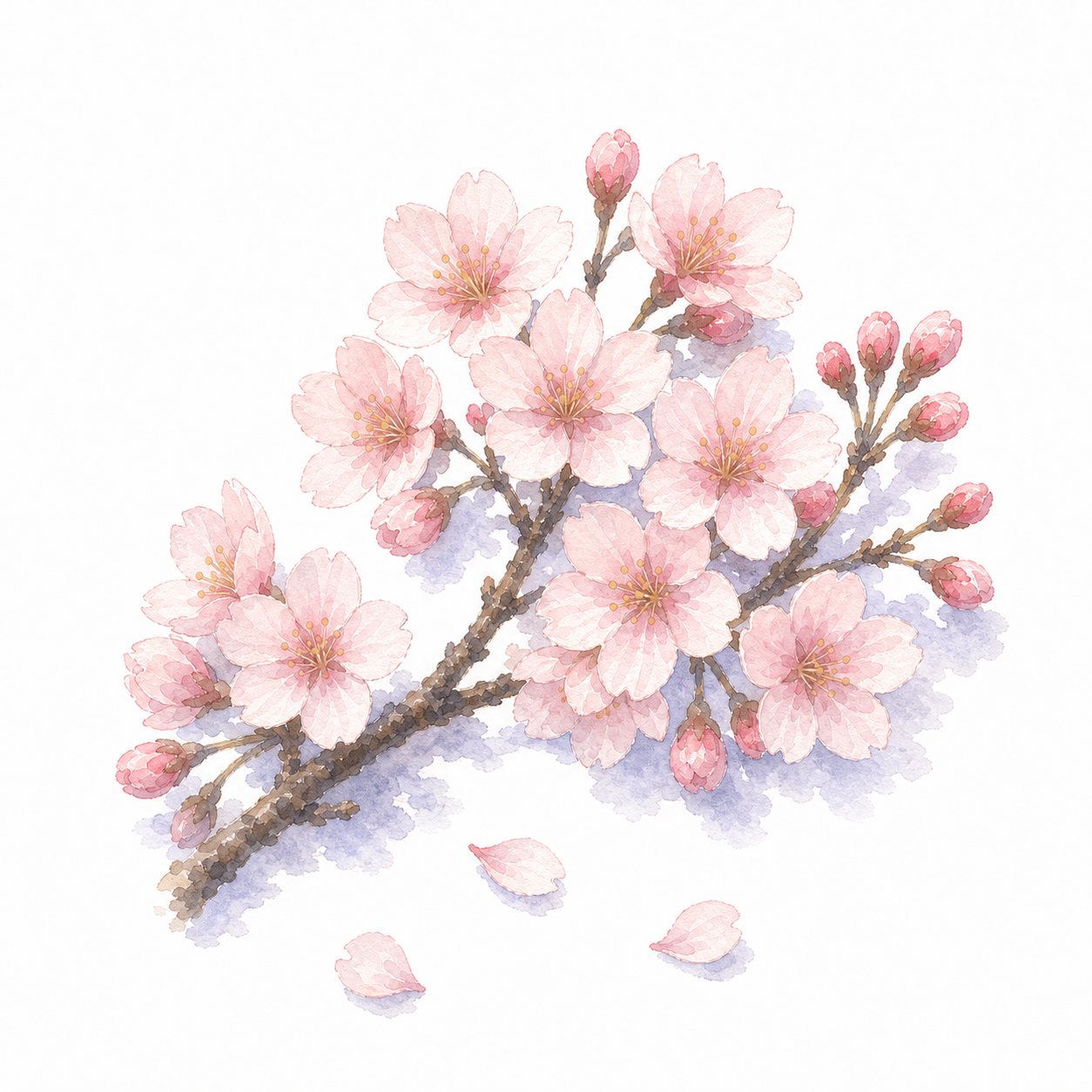 桜満開（水彩）。満開の桜の枝と、舞い散る花びら。
