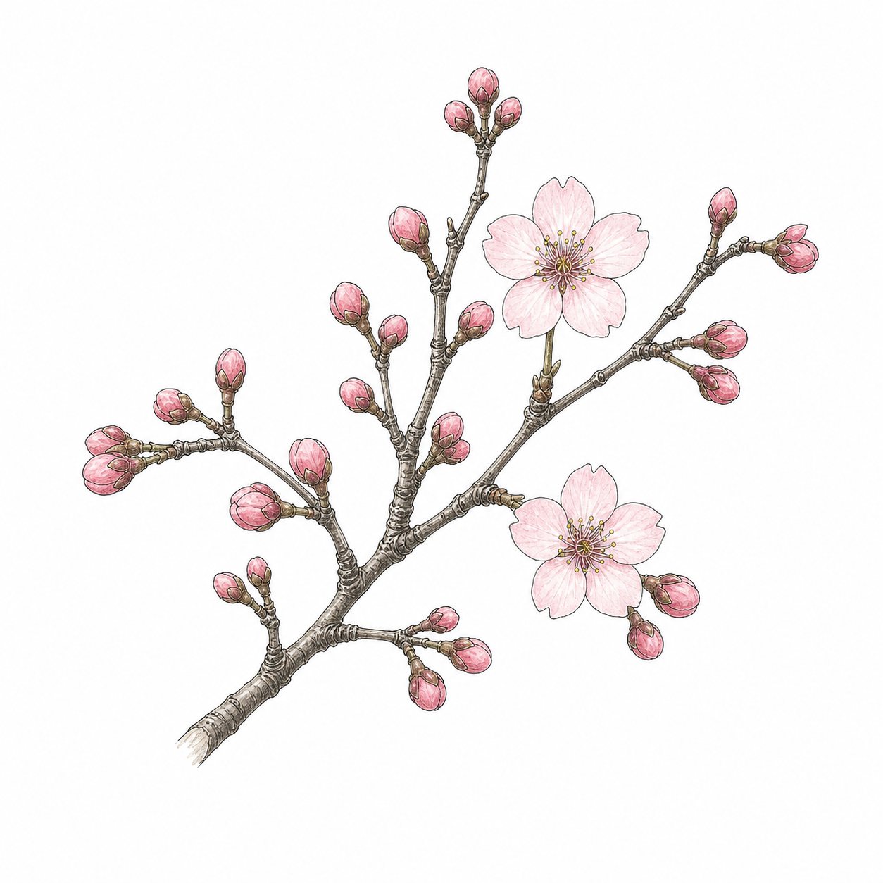 桜のつぼみ(線画)。ふくらむつぼみと、開き始めた二輪の桜。