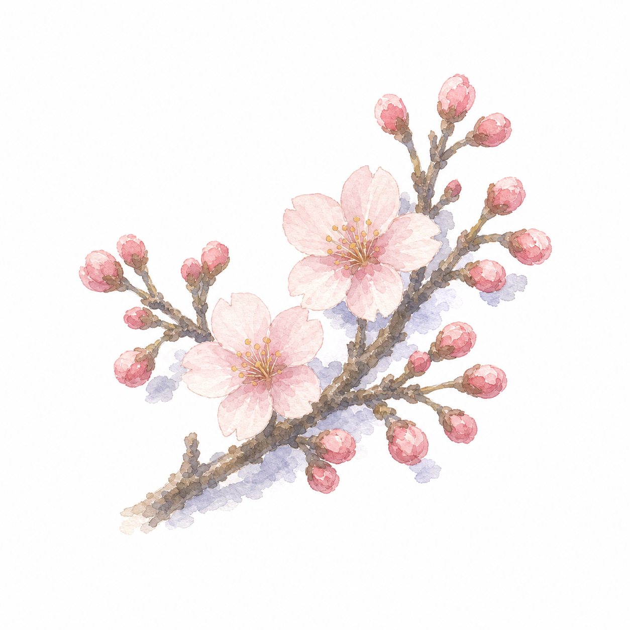 桜のつぼみ(水彩)。ふくらむつぼみと、開き始めた二輪の桜。