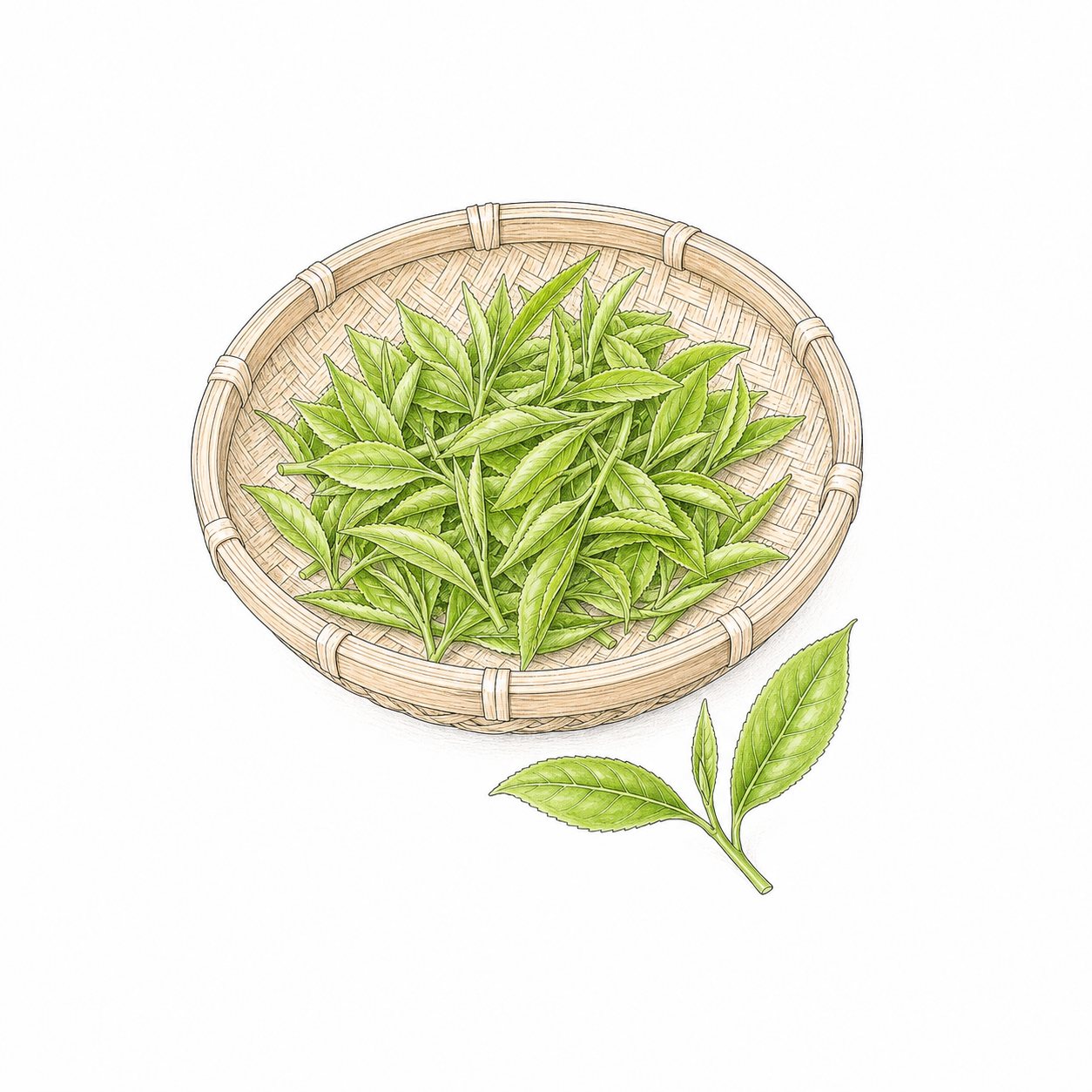 新茶と茶摘みかご（線画）。一芯二葉の新芽を摘んだ茶摘みかご。