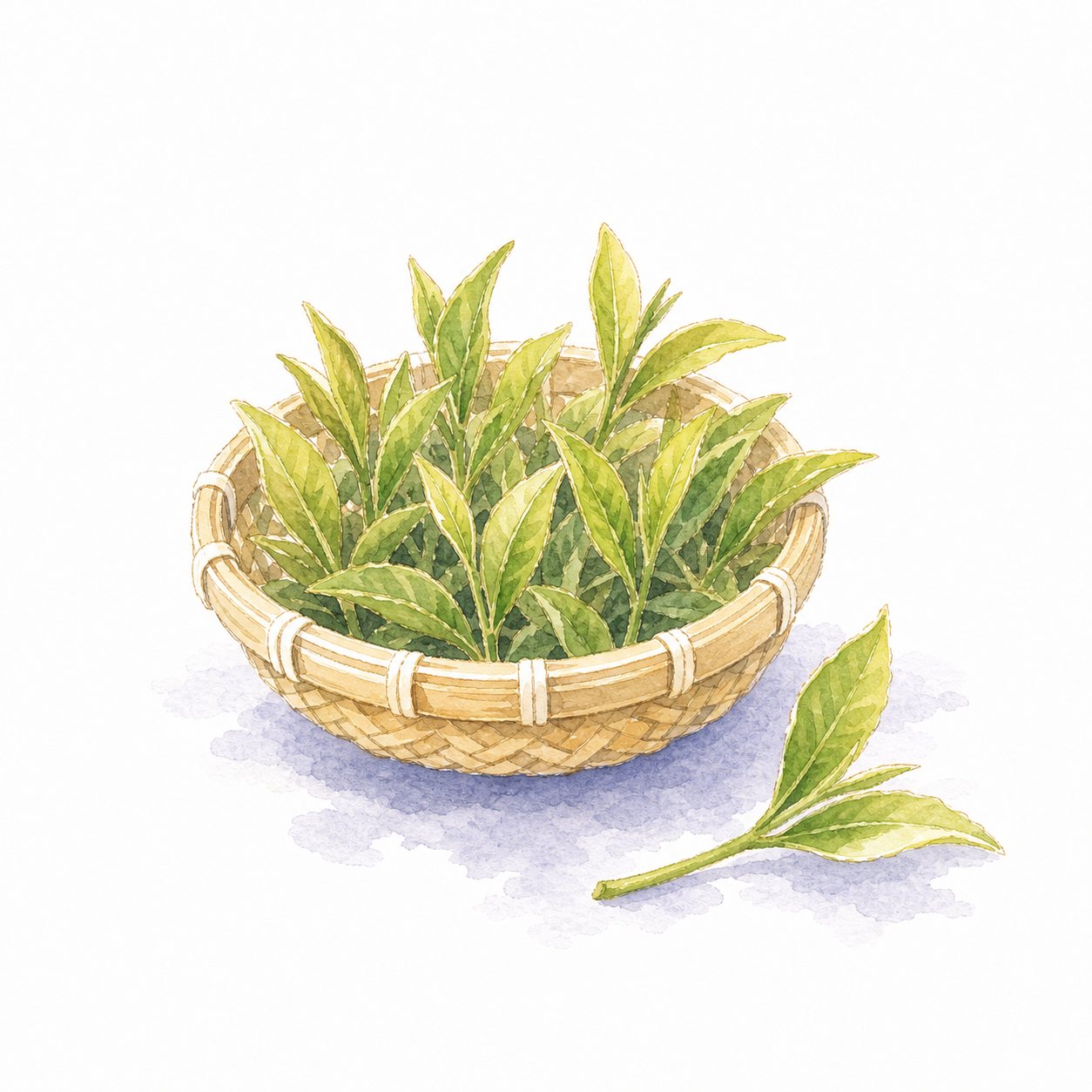 新茶と茶摘みかご（水彩）。一芯二葉の新芽を摘んだ茶摘みかご。