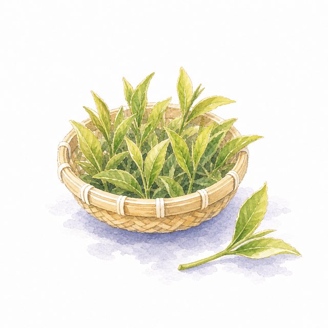 新茶と茶摘みかご（水彩）
