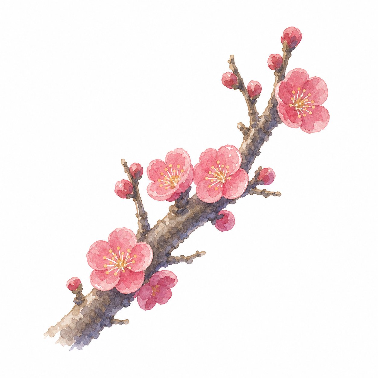 梅の花（水彩）。ごつごつした枝に咲く紅梅。花びらは丸く、桜と見分けるポイント。