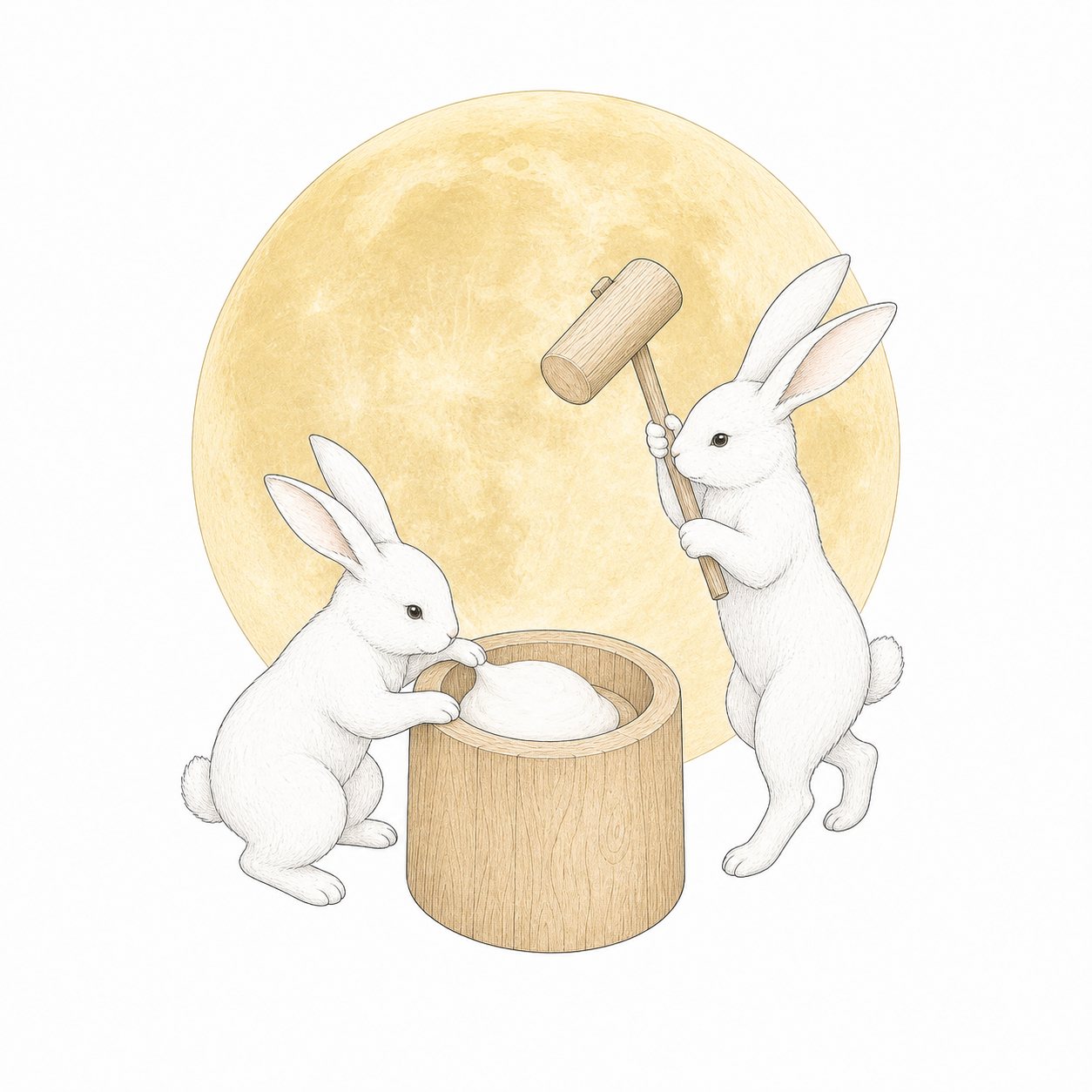 月でもちつきするうさぎ（線画）。満月の中で杵をふるう2羽の白うさぎ。お月見の伝統の図像。