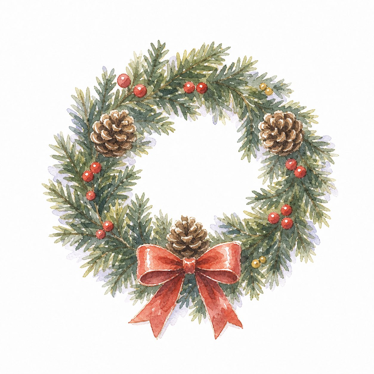 クリスマスリース（水彩）。もみの葉に松ぼっくりと赤い実、リボンをあしらったリース。