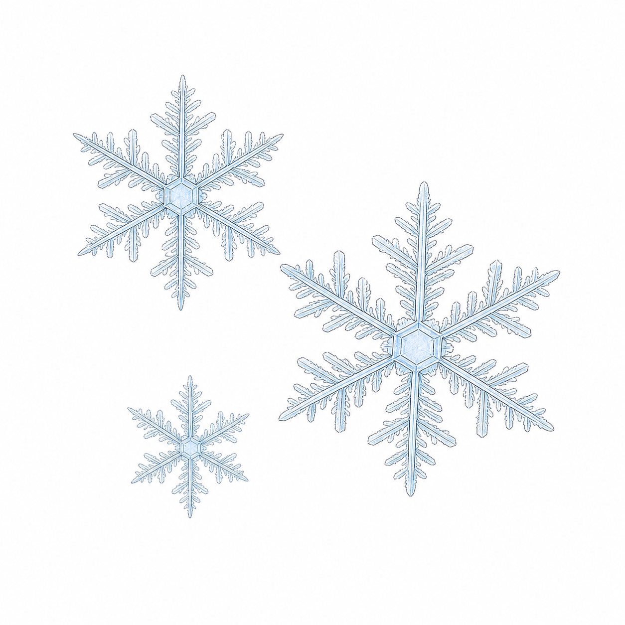雪の結晶（線画）。六方対称のかたちで描いた雪の結晶3つ。