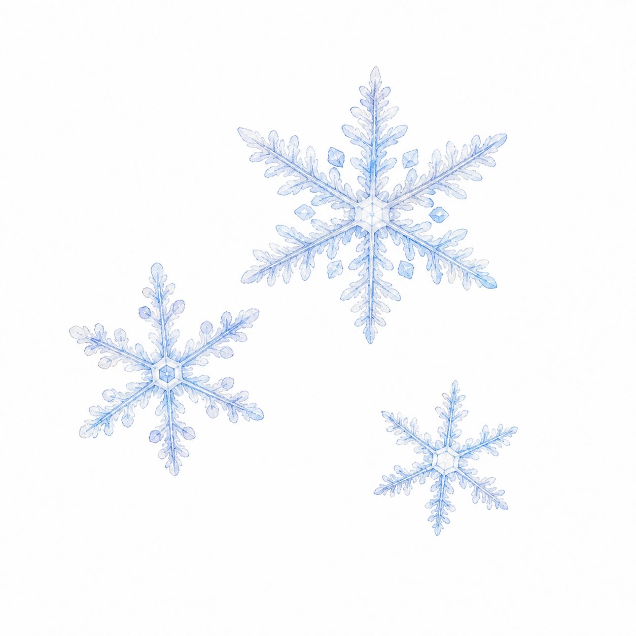 雪の結晶（水彩）。六方対称のかたちで描いた雪の結晶3つ。