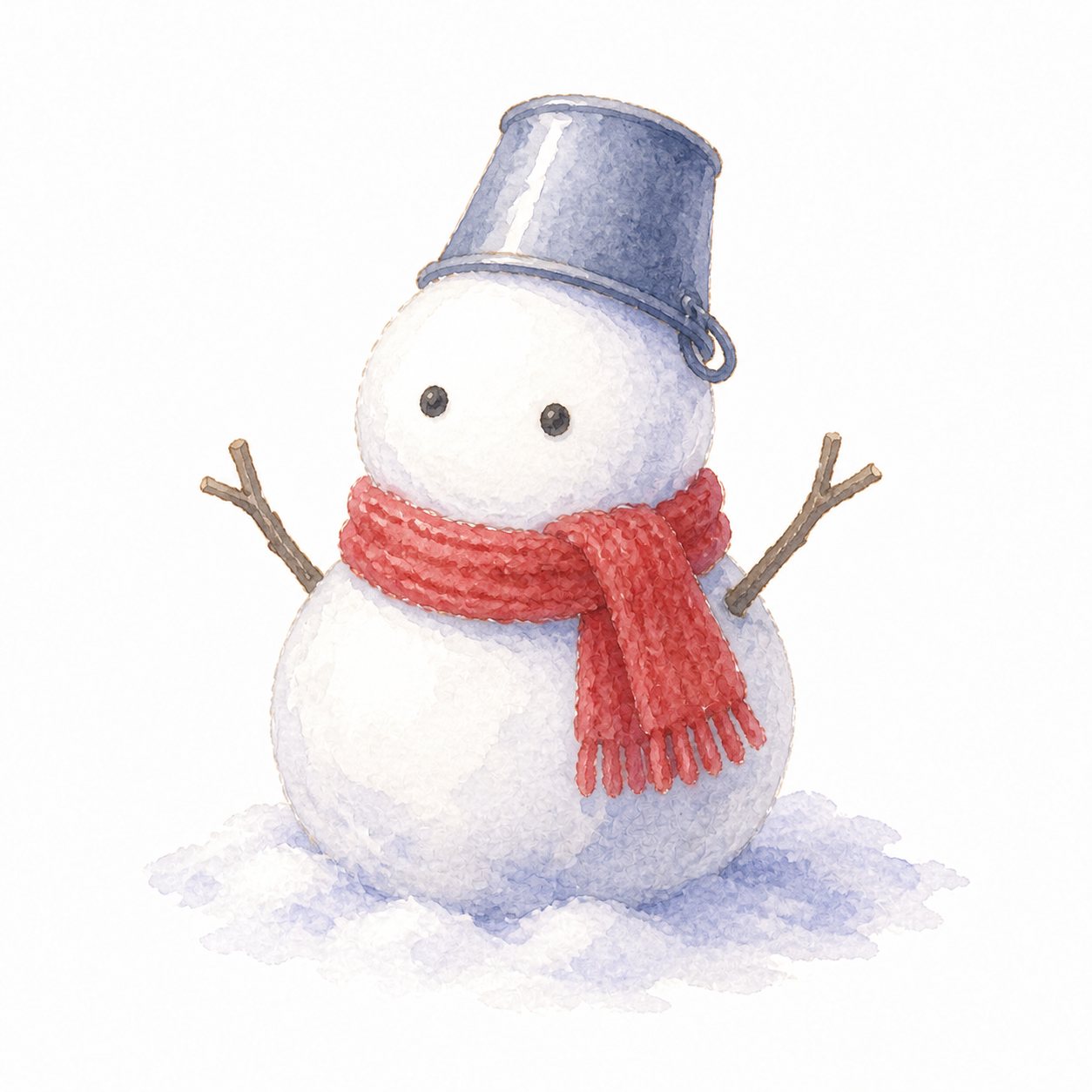 雪だるま(水彩)。バケツの帽子と赤いマフラーの二段雪だるま。