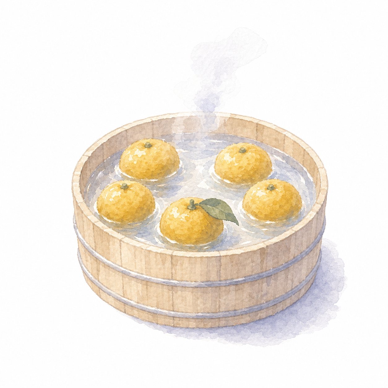 冬至のゆず湯(水彩)。湯気の立つ木の桶に浮かぶゆず。冬至の一枚。
