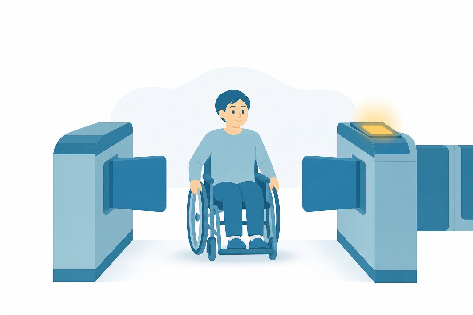 広い自動改札。幅の広い自動改札を車椅子で通る人のフラットイラスト。