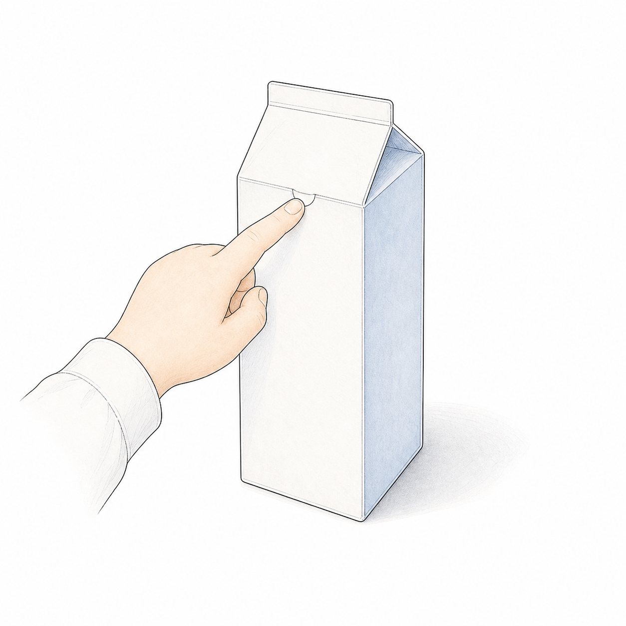 牛乳パックの切りかき。牛乳パックの口の反対側にある半円の切りかきを、指でさわっている図。