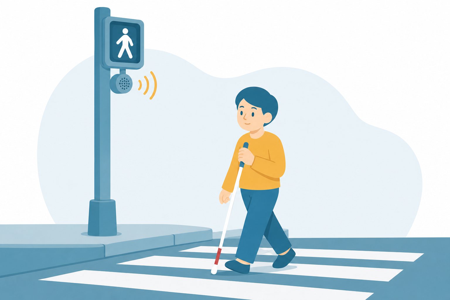 音の出る信号機（音響式）。スピーカーから音が出る歩行者信号を、白杖を持って渡る人のフラットイラスト。
