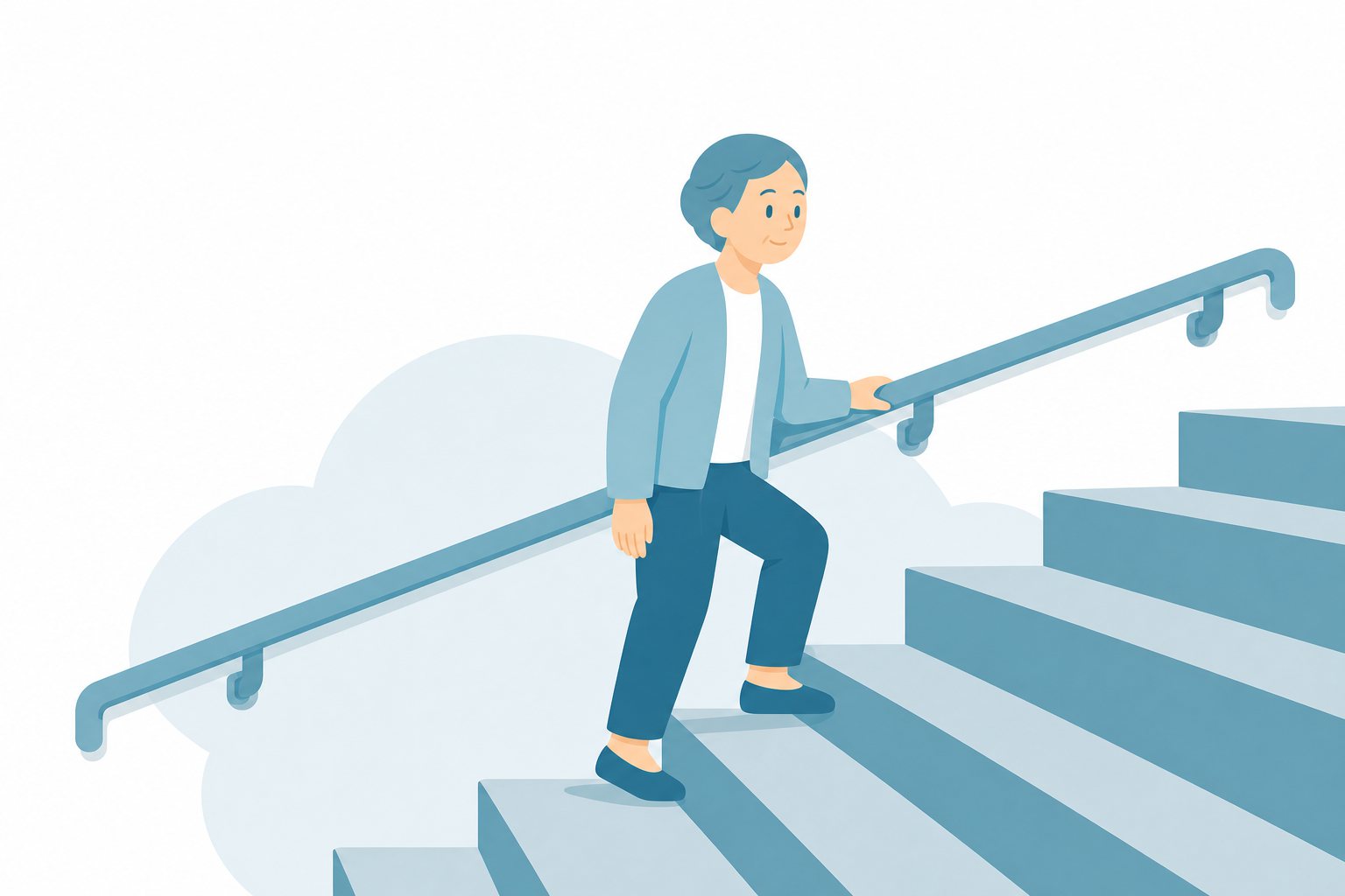 手すり（階段・廊下）。階段沿いの手すりを握って上る人のフラットイラスト。