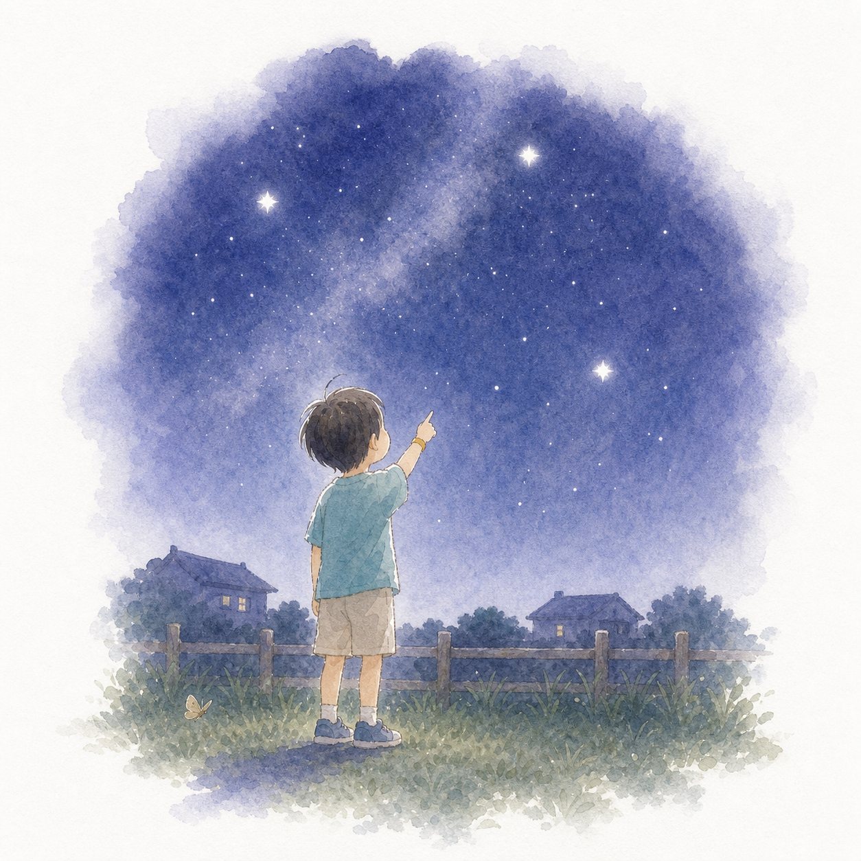 夜空を見上げる子ども。夏の夜、庭で星空を見上げて指をさす子ども。夏の大三角と天の川。水彩で、まわりは紙の白へフェード。