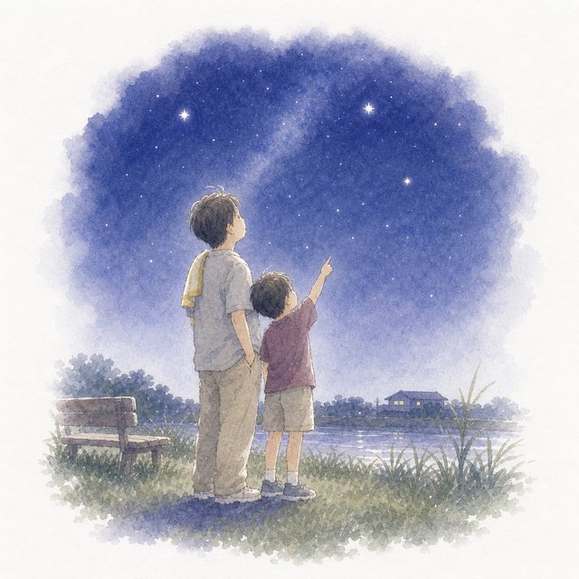 親子で夜空を見上げる