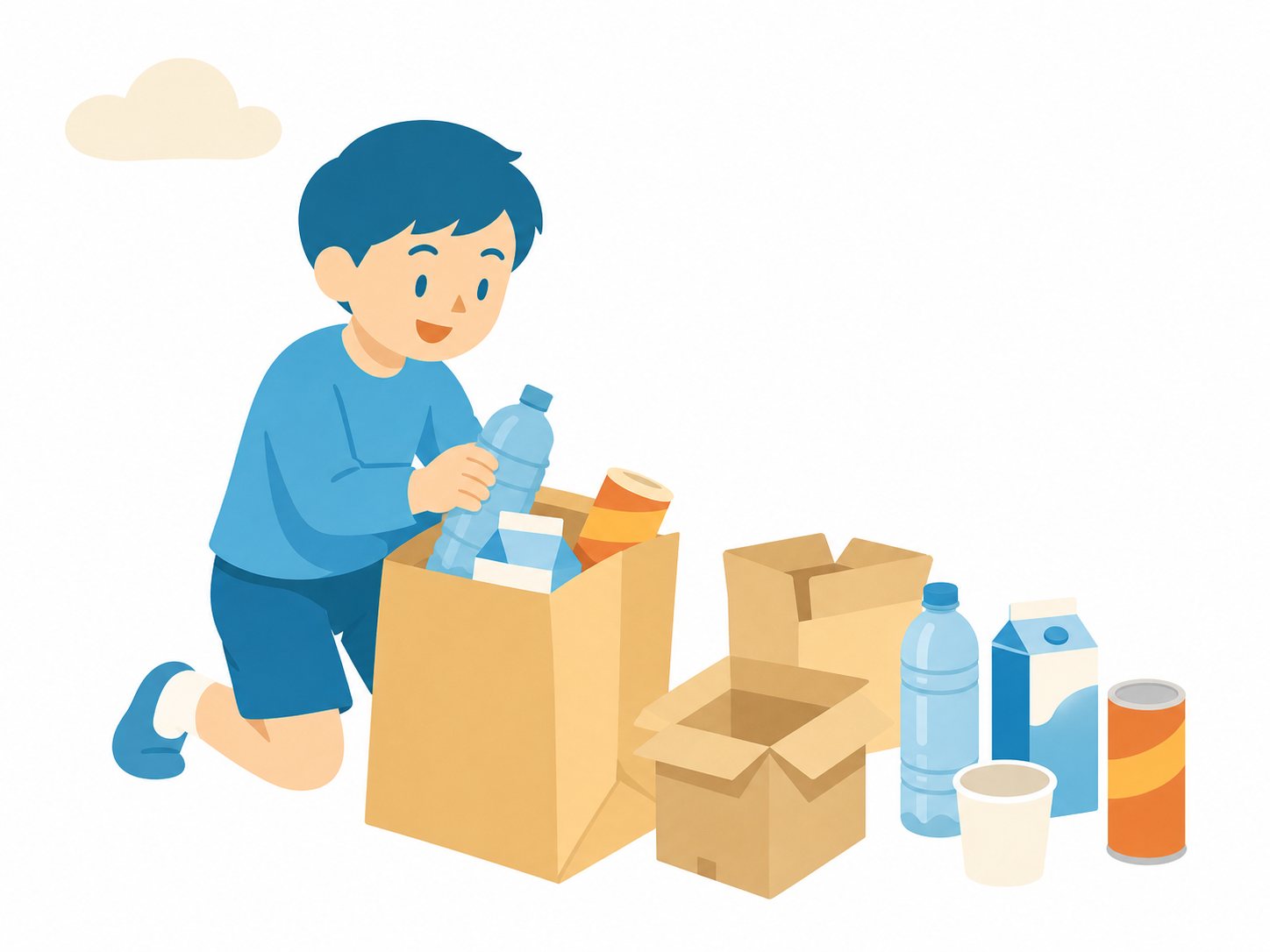 図工の材料を集める子ども（フラット）。空き箱・ペットボトル・牛乳パック・紙コップを紙袋に集める子ども。道具（はさみ等）は描かない。