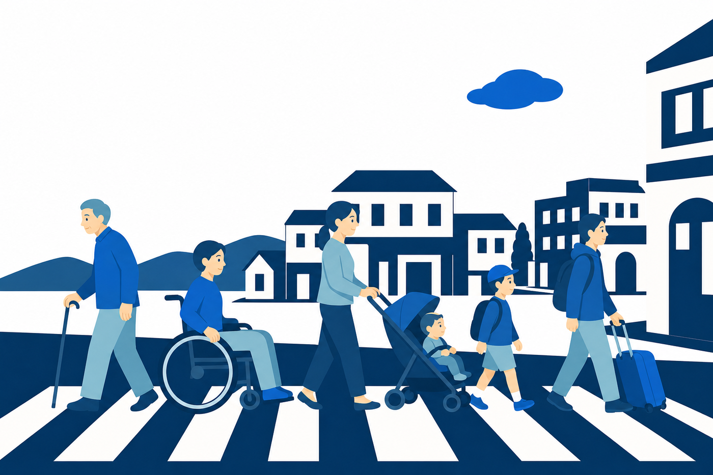 まちの横断歩道を、つえの人、車いすの人、ベビーカーの親子、子ども、旅行者がわたっているイラスト