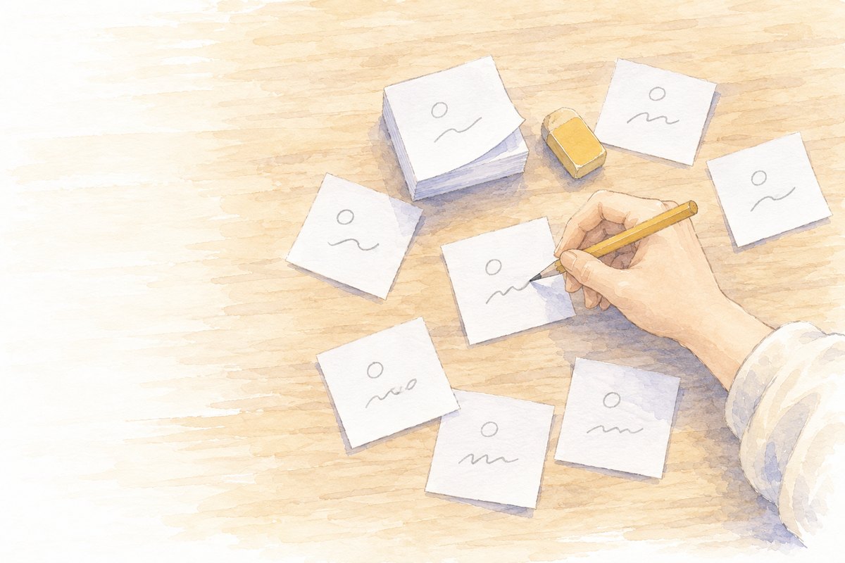紙とペンで考える（ブロックメモに書き込む手の水彩画）