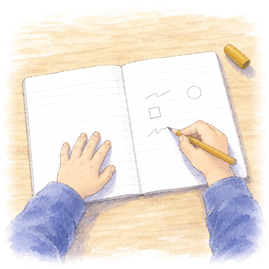 ノートに鉛筆で書く子どもの手の水彩画