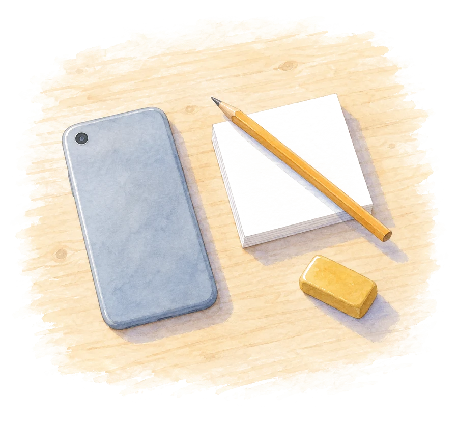ふせて置いたスマートフォンとブロックメモの水彩画