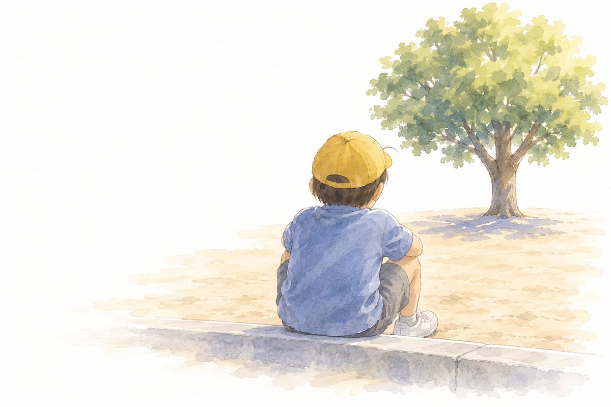 脳は本当に疲れるのか（校庭の段に腰かけて木をながめる子どもの後ろ姿の水彩画）