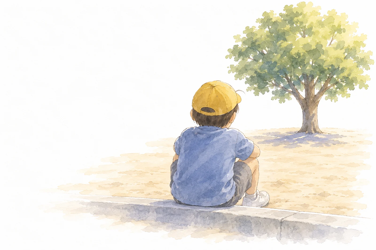 校庭のはしの段に腰かけて、大きな木をながめる子どもの後ろ姿の水彩画