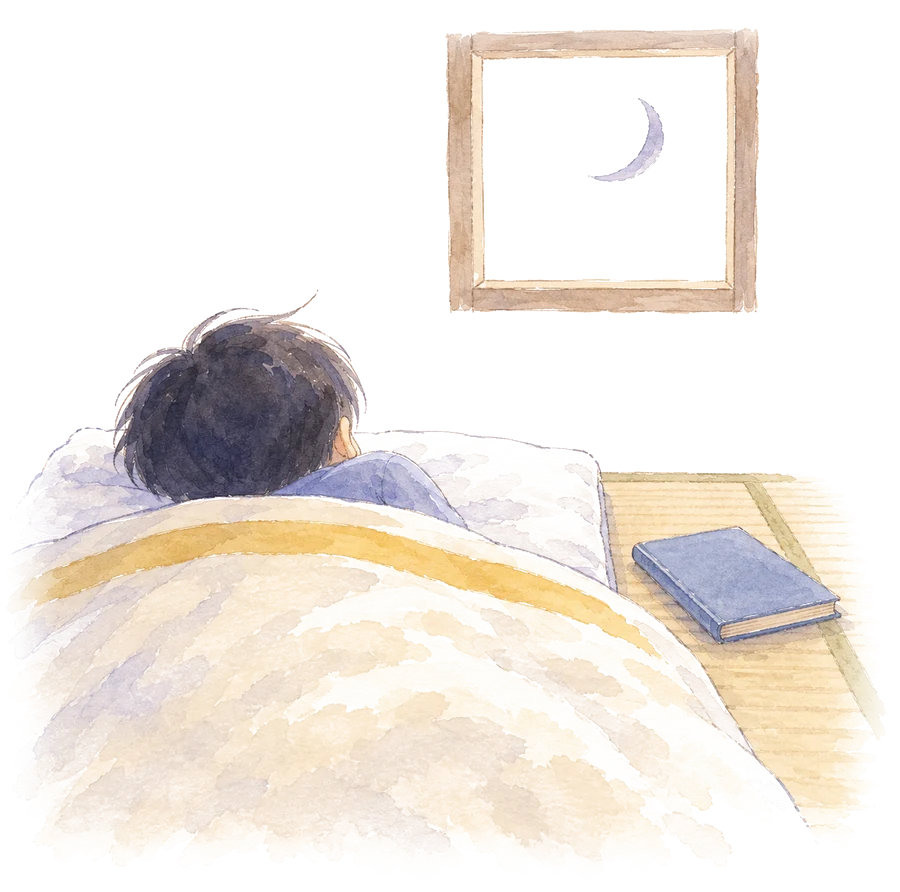 ふとんで眠る子どもの後ろ姿と、窓に細い月の水彩画