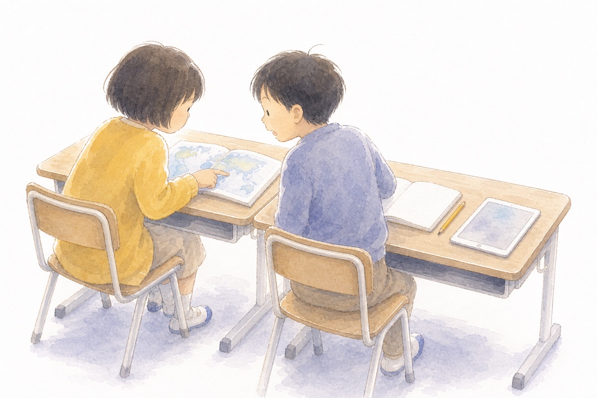 地図帳をひらいて、ふたりで調べ学習をする子ども(水彩イラスト)