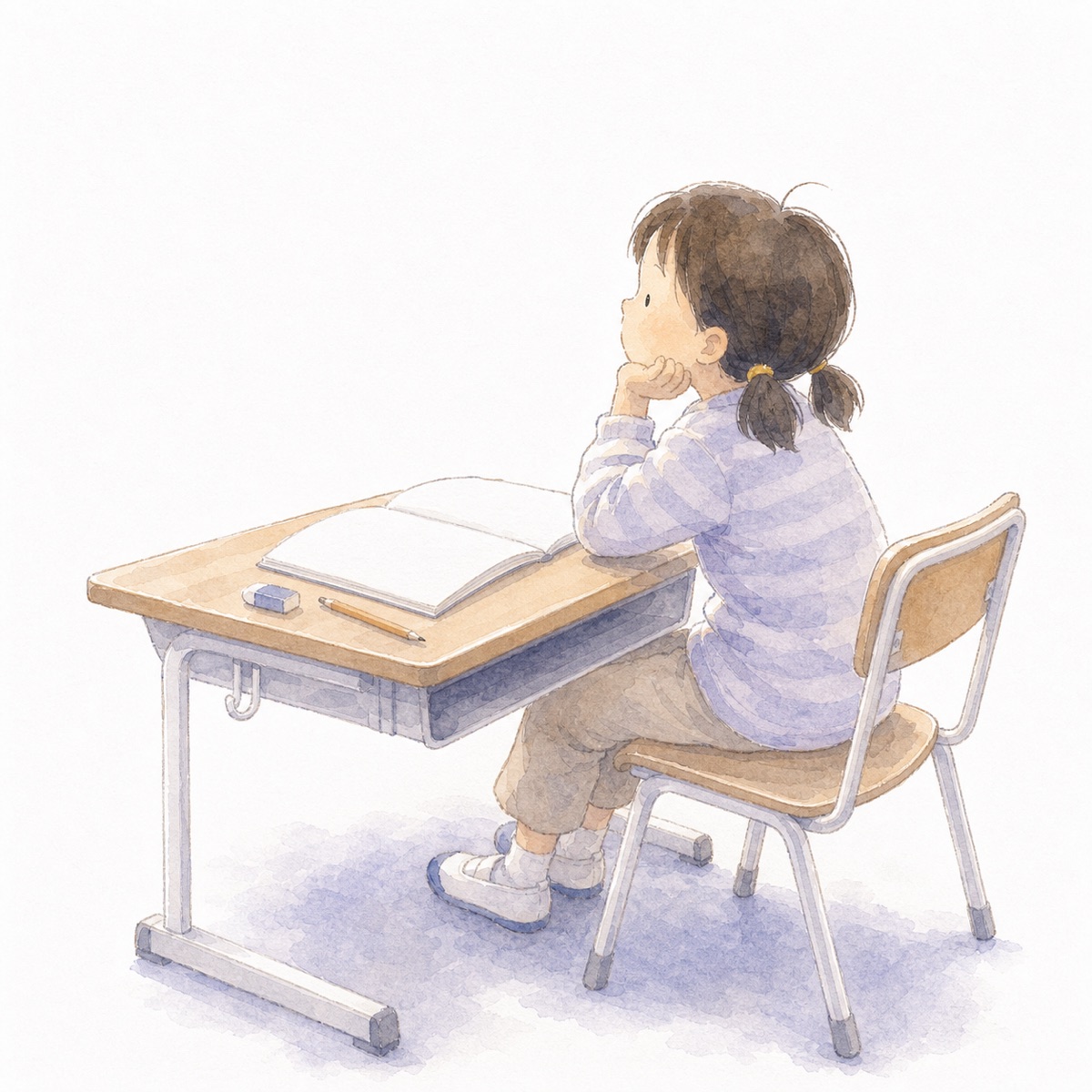 ほおづえをついて、ふしぎに思ったことを考える子ども(水彩イラスト)