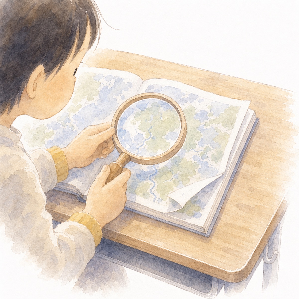 虫めがねで地図帳をくわしく見る手もと(水彩イラスト)