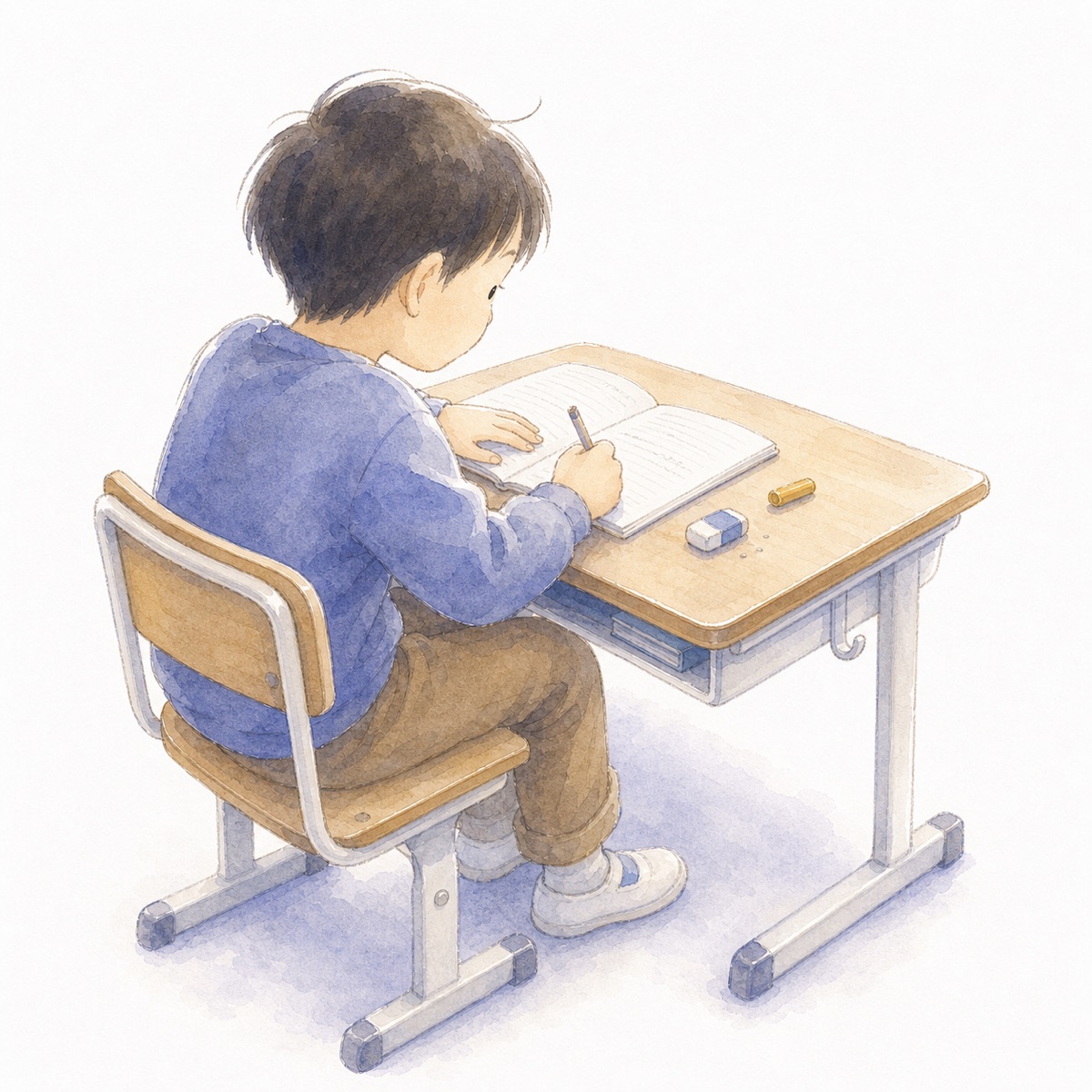 ノートにえんぴつでまとめを書く子ども(水彩イラスト)