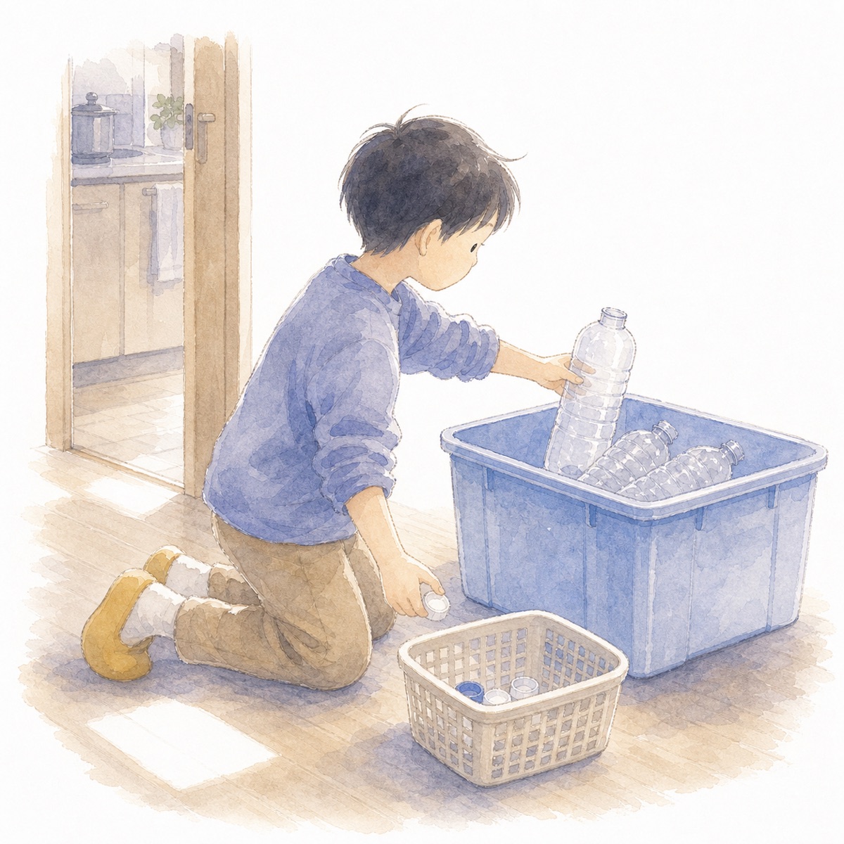 ペットボトルをリサイクルの箱に入れる子ども(水彩イラスト)
