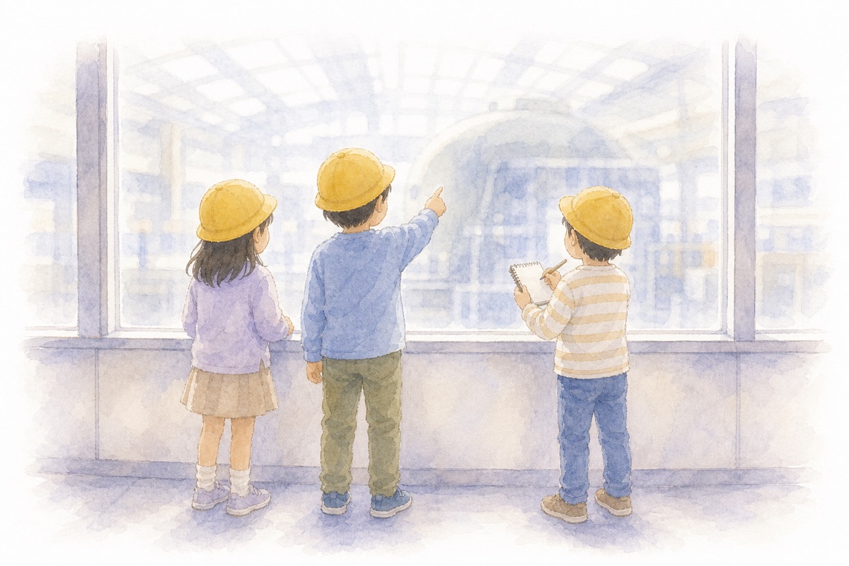 黄色いぼうしをかぶって、見学の窓から中を見る子どもたち(水彩イラスト)